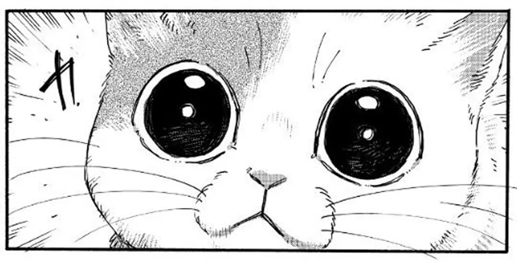 Comic strip showing a cat with big pleading eyes